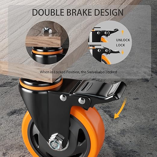 5 Inch Caster Wheels, Threaded Stem Casters Set of 4 Heavy Duty, Swivel Casters 1/2"-13 x 1 (Screw Diameter 1/2", Stem Length 1"), Safety Dual Locking Industrial Casters, Wheels for Cart, Furniture