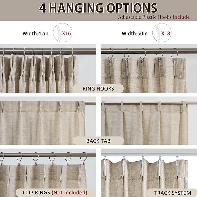 RAIN CITY Beige Sheer Curtains 132 Inches Long with Pinch Pleat,Memory Trained Pleated Drapes Hooks Linen Textured Boho Extra Long 11 ft Curtain for Dining Bedroom 42 Inch Wide Each Panel