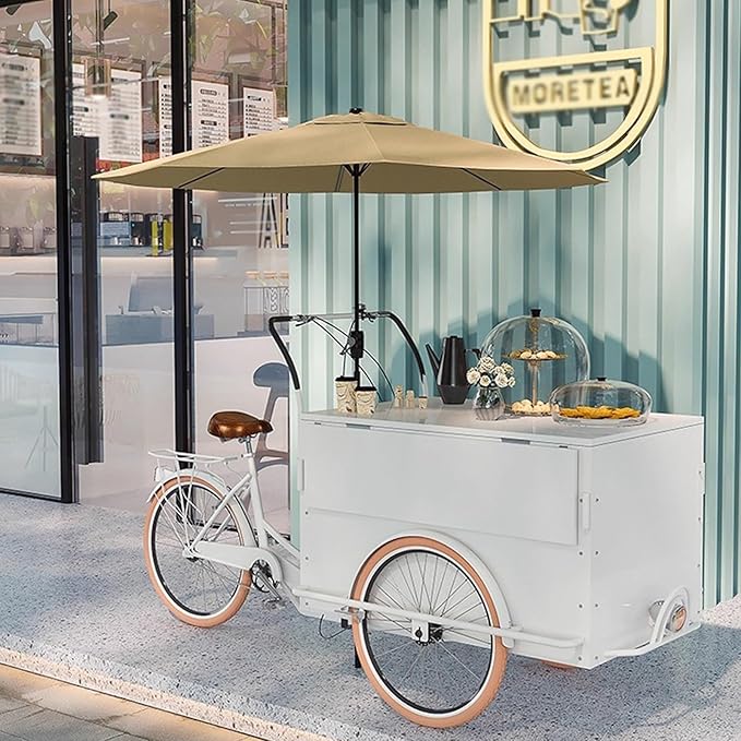 Mobile Vending Bicycle Cart, Food Display Stand with Parasol, Large Storage Space, Perfect for Shopping Malls, Events, Streets(White)