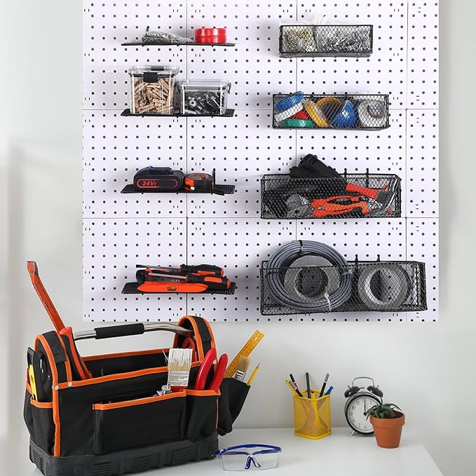Hicarer 8 Pack Pegboard Baskets and Peg Board Racks Set, Pegboard Hooks, Square Style Wire Shelf Baskets, for Organize Tools, Workbench, Accessories, Garage Storage, Wall Organizer Attachments (Black)