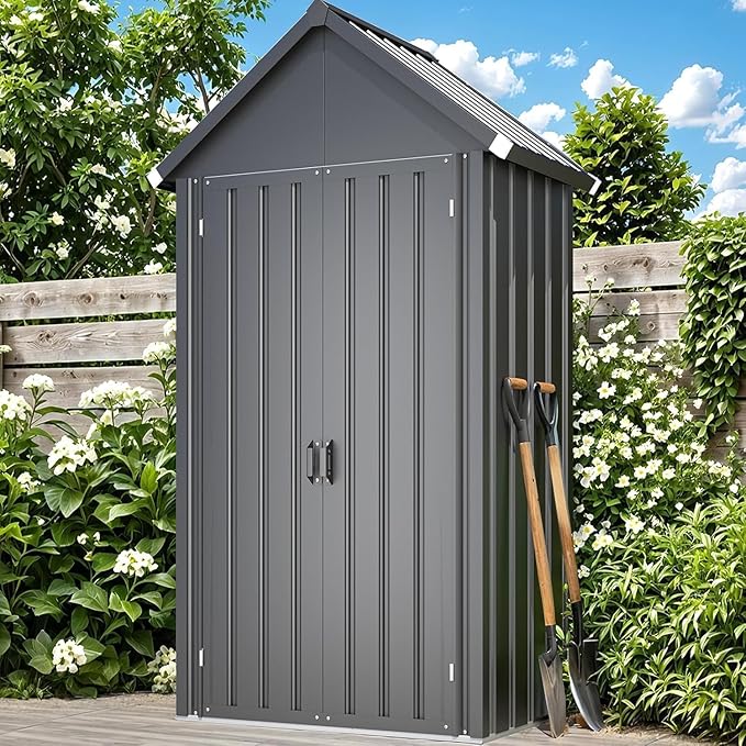 AECOJOY Outdoor Storage Cabinet Waterproof, Vertical Tall Sheds Cabinet with Shelves and Double Door, Garden Tool Sheds & Outdoor Storage Cabinet Weatherproof for Backyard, Patio, Lawn, Dark Gray