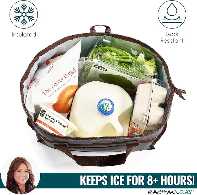 Rachael Ray Chillout Soft Cooler Bag, Large Reusable Insulated Grocery Bag with Zippered Top, Travel Tote for Hot or Cold Food, Grocery Tote Bag