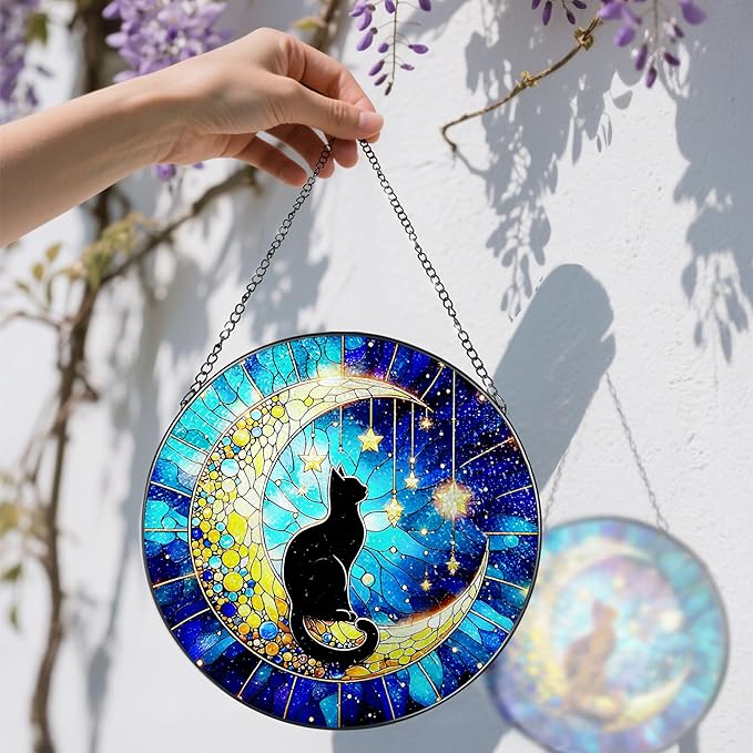 8 Inch Stained Glass Suncatcher Ornament, DOUHASU Black Cat Sun Catchers Indoor Window, Stained Glass Window Hanging, Indoor Decor, Home Decor Gift, Gifts for Cat Lovers, Pet Lover Gift