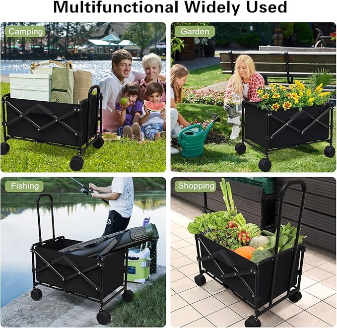 Collapsible Folding Shopping Cart, Portable Foldable Wagon with 220lbs Large Capacity, Collapsible Utility Wagon Cart for Shopping, Grocery, Camping, Gardening
