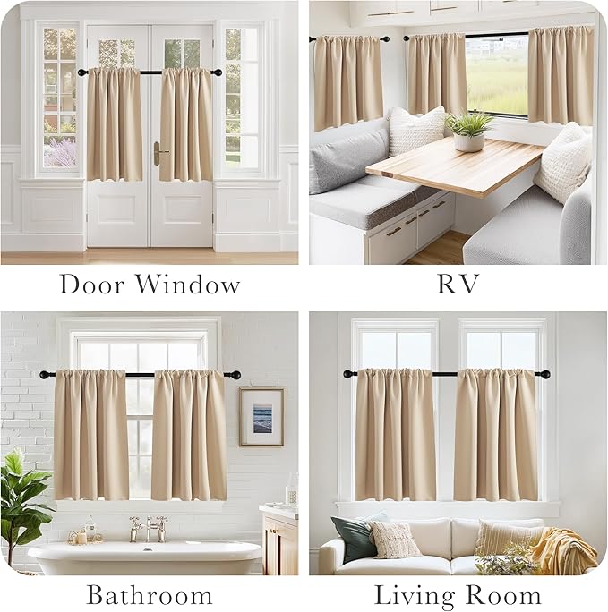 PONY DANCE Kitchen Window Curtains for Bathroom - Solid Light Block Privacy Drapes for Kitchen Cabinet Bedroom Cafe Window Decor, W 29 x L 24, Biscotti Beige,2 PCS
