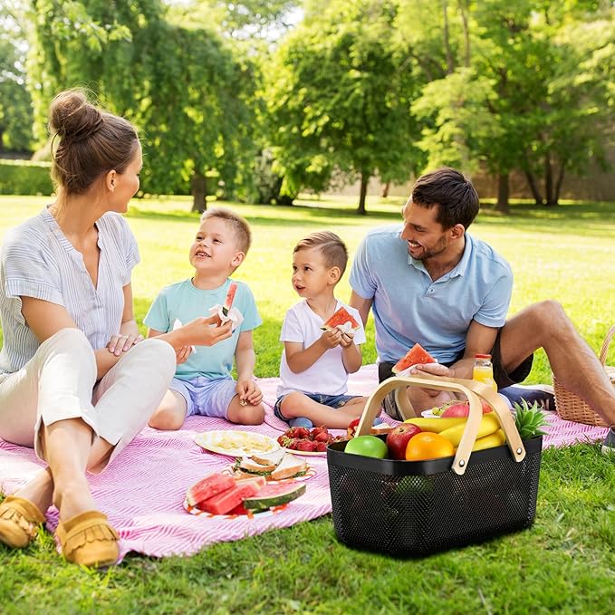 Sadnyy 4 Pcs Plastic Mesh Garden Harvest Basket Storage Basket with Wooden Handle Multi Functional Mesh Bin for Kitchen Cabinet Picnic Fruit Vegetable Gathering Organizer(Large,Black)