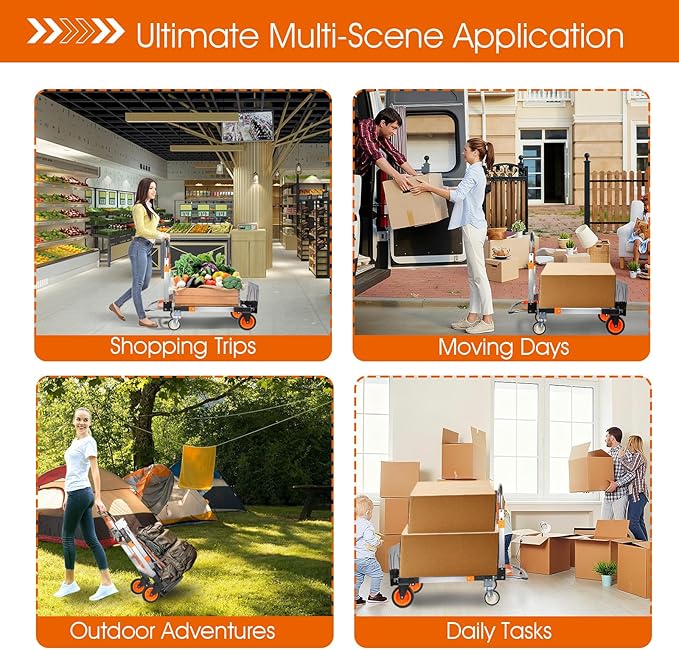 3 in 1 Folding Hand Truck Dolly Cart with Wheels, 660lbs Capacity Foldable Utility Cart Aluminum Trolley Cart Convertible Dolly for Moving Furniture Shopping for Garden Home Office Warehouse