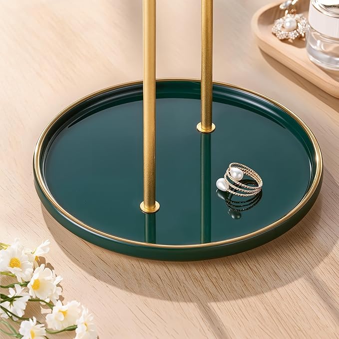 Gold Jewelry Holder Stand with Ceramic Tray: Small Hanging Necklace Organizer Tree for Earrings, Bracelets, Rings – Jewelry Display Hanger for Women & Girls, Green