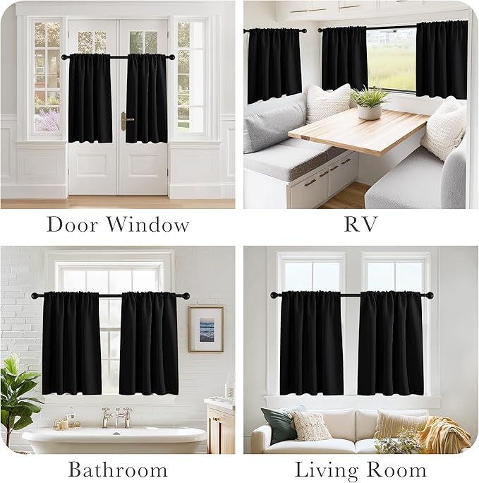 PONY DANCE Black Kitchen Curtains Over Sink 24 inch Long for Small Windows, Black Out RV Bunk Panels, Solid Half Window Short Drapes Tiers for Bathroom Camper, Width 29 x Length 24 inches, 2 Panels