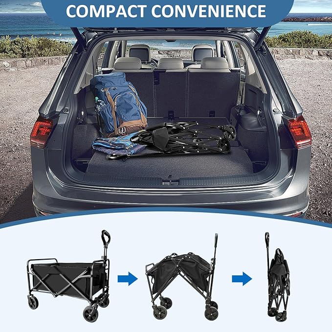 Collapsible Utility Cart Folding Wagon, 220 lbs Capacity Lightweight Rolling Cart with Quiet Wheels, Quick-Fold Design for Camping, Shopping, Ourdoor Use, Black