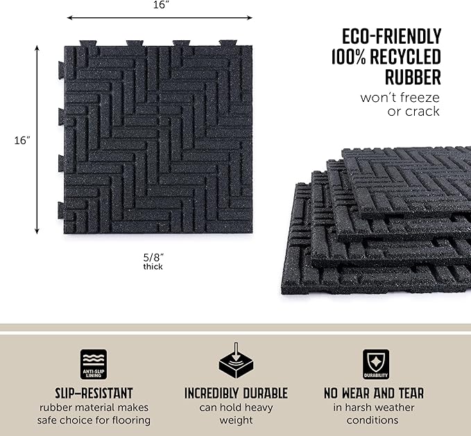 Playsafer Herringbone Rubber Interlocking Tiles | 16 X 16 | Easy Install for Indoor and Outdoor Use (Dark Gray, 4 Tiles)