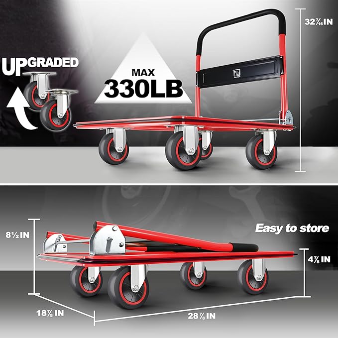 Push Cart Dolly by Wellmax, Moving Platform Hand Truck, Foldable for Easy Storage and 360 Degree Swivel Wheels with 330lb Weight Capacity, Red Color