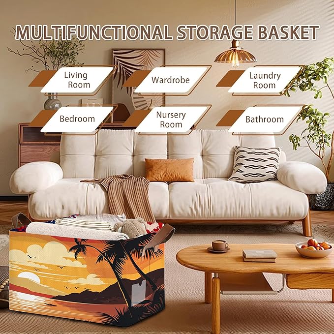 Foldable Collapsible Storage Bin with Summer Sunset Design-17x11.5x10.5 Inch Organizer Basket for Beach Decor, Home Storage-Single Pack, No Lid Space-Saving Box