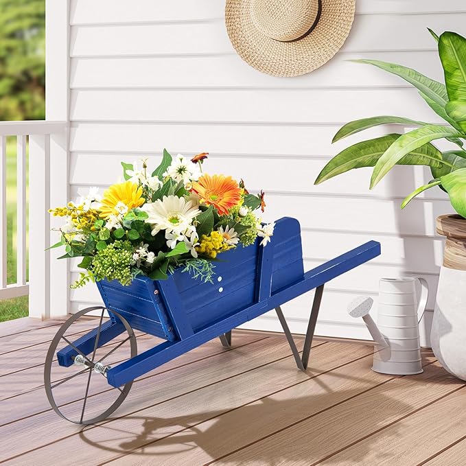 Wooden Wagon Planter, Flower Cart Display Stand w/Metal Wheels & Removable Magnetic Decoration, Wagon Decorative Garden Planter for Plants & Seasonal Displays, Pine Wood (Blue)