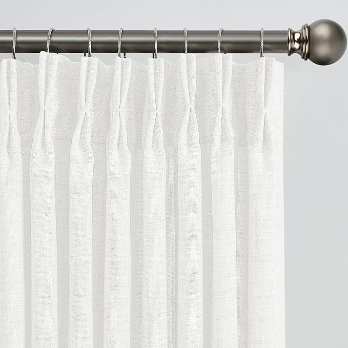 White Linen Pinch Pleated Semi Sheer Curtains 2 Panels 144 Inches Long, Back Tab with Hooks, Window Treatment Curtains for Living Room 42 Inch Wide