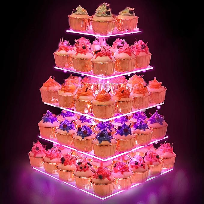 YestBuy Cupcake Stand with Pink Lights – 5 Tier Premium Cupcake Holder – Acrylic Cupcake Tower Display Stand – Cady Bar Party Décor –Acrylic Display for Pastry + LED Light String – Ideal for Weddings, Birthday (Pink)