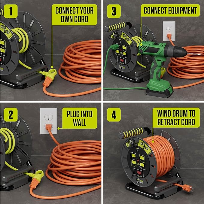 Masterplug 3ft Cord Reel, Retractable Extension Lead with Winding Handle, Safety Overload Circuit Breaker and Power Switch, 4x Grounded Outlets, 13amps, 14AWG Cable