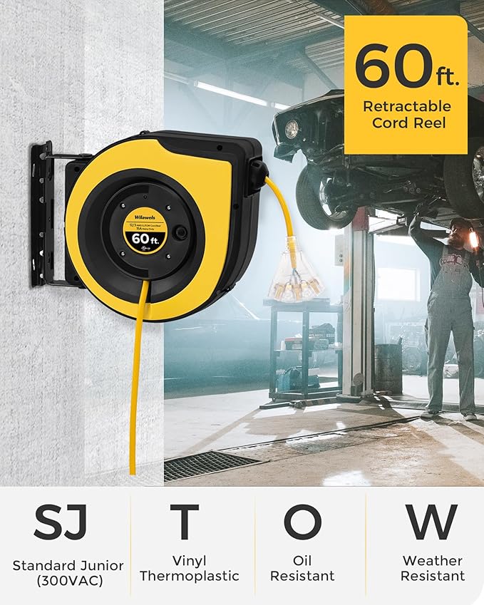 Retractable Cord Reel, 60 FT Heavy Duty Extension Cord, 12AWG/3C SJTOW, 3 Grounded Outlets Lighted Triple Tap, 15A Circuit Breaker, Wall/Ceiling Mounted, UL Listed, Yellow Y60CR06