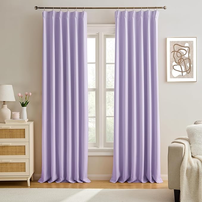 Pinch Pleats Lilac Curtains 92 Inches Long,Home Fashion Microfiber Thermal Insulated Solid Pleated Room Darkening Curtain for Bedroom (Lavender, 2 Panels, 40 Width by 92 Length)
