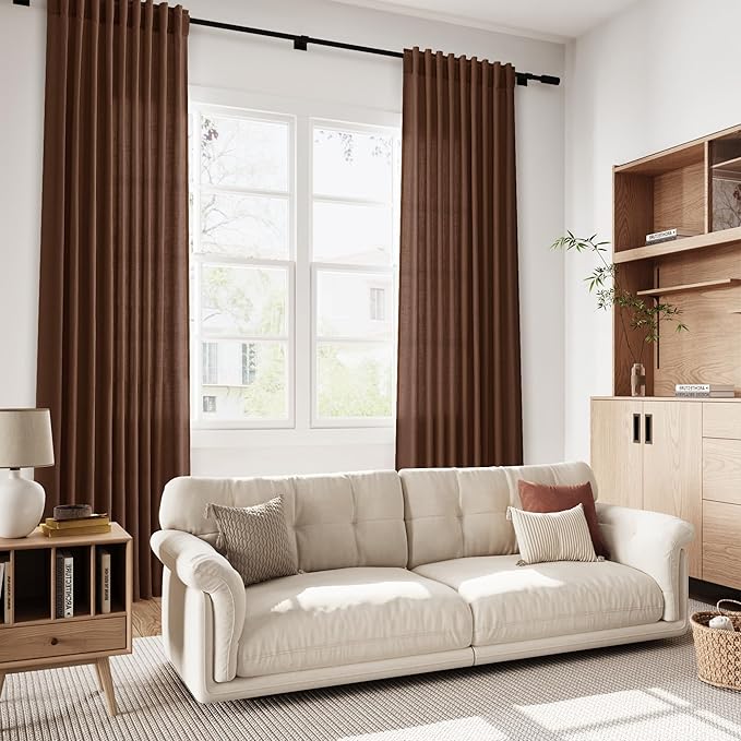 Nanspring Mocha Brown Linen Curtains 84 Inches Long for Living Room Back Tab Luxury Light Filtering Privacy Semi Sheer Curtain Farmhouse Decor Boho Textured Drapes for Bedroom 52x84 Inch,2 Panels