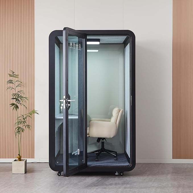 GEARONIC Mobile Office Pod Booth, Sound Proof Booth for Home, Mobile Roller with Desk, LED Light, Fans and AC USB Ports (Black Obsidian)