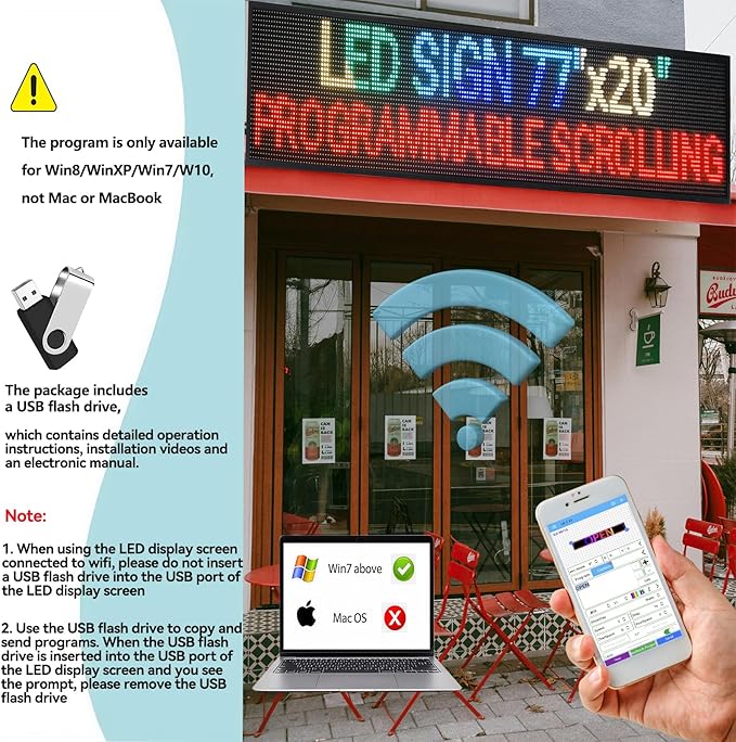 P10 Large Programmable LED Scrolling Sign 77”X20”, Bright Outdoor Digital Signs Waterproof, Full Color Led Open Signs for Business Advertising, Restaurant, School, Commerce, WiFi Control Electronic Message Display Board