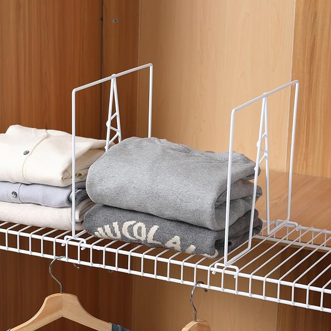 Wire Shelf Dividers - White Closet Organization & Storage Organizer - No Tool Shelf Divider for Wire Shelves - Metal Shelf Accessories – for 12“ Deep Wire Shelves – Tall 12” Height – 4 Pack