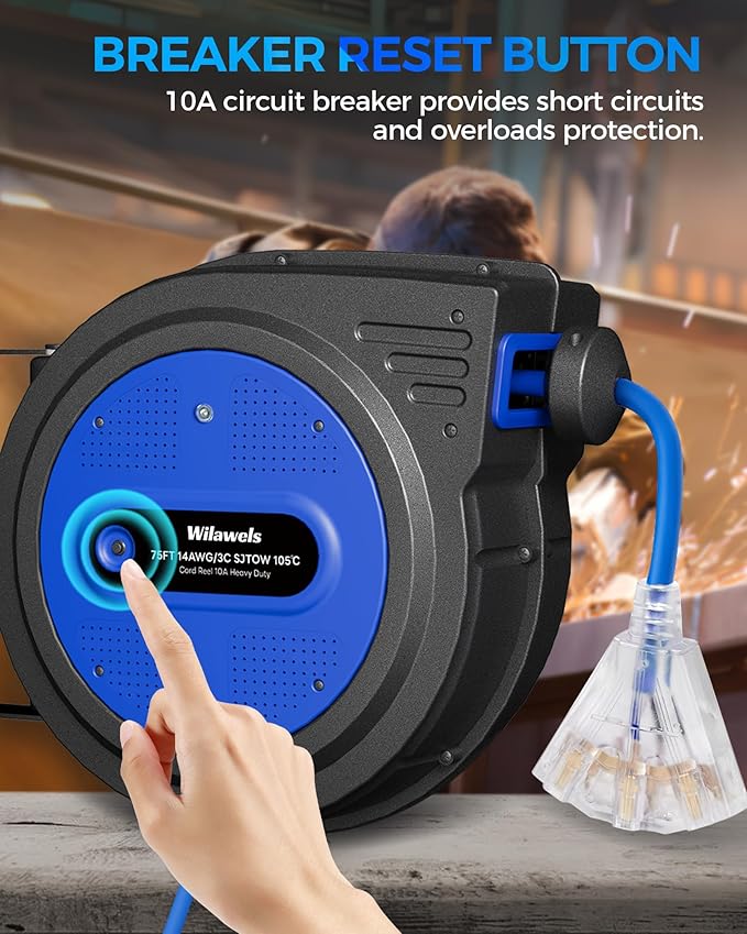 75 FT Retractable Extension Cord Reel, Heavy Duty Extension Cord, 14AWG/3C SJTOW, 3 Grounded Outlets Lighted Triple Tap, 10A Circuit Breaker, Wall/Ceiling Mounted, ETL Listed, Blue U75ACR06
