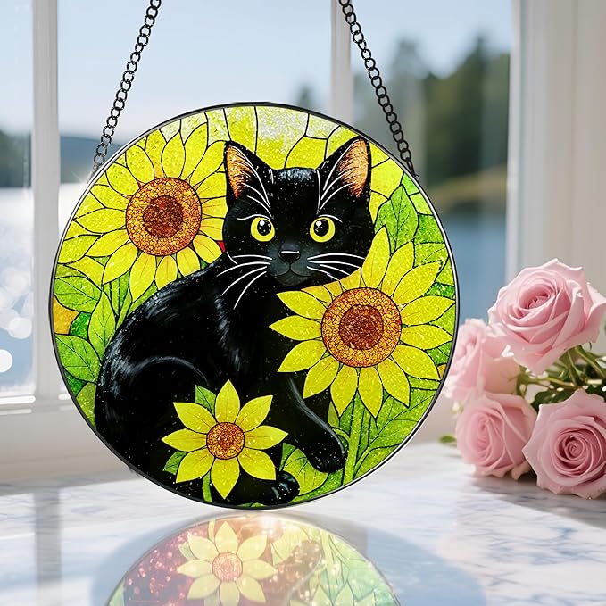 Stained Glass Window Hanging, 8 Inch Black Cat Sun Catcher, Suncatchers for Windows, Sunlight Catcher Glass, Window Hanging Decor, Gifts for Cats Lovers, Mom Gift, Black Cat Decor Gifts