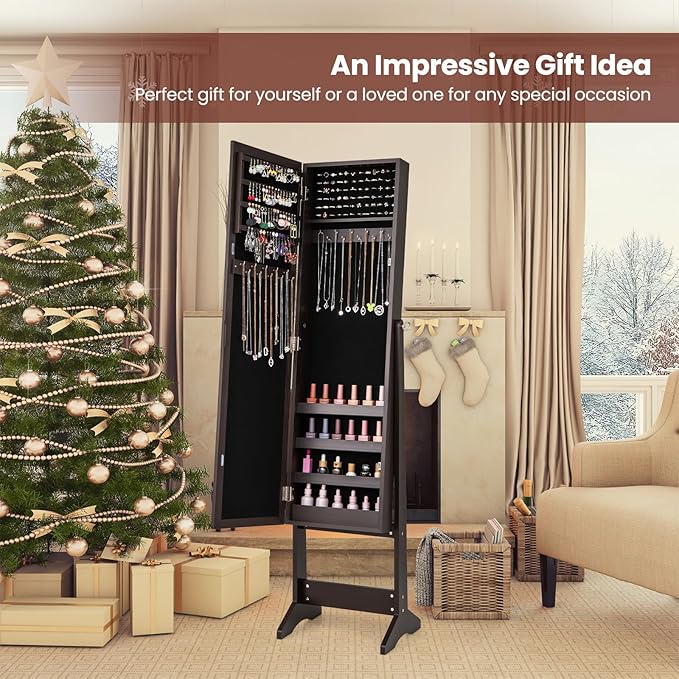 Giantex Jewelry Cabinet with Full-Length Mirror, Standing Jewelry Armoire Organizer with 64 Earring Slots, 20 Necklace Hooks, 72 Ring Slots, 4 Storage Shelves, 3 Angle Adjustable, Espresso