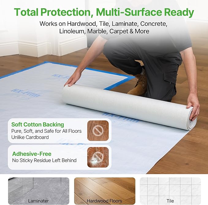 39" x50' Heavy-Duty Floor Protection | Construction Grade Carpet Protector | Drop Cloth Plastic Film for Hardwood Floors | Waterproof Painters Covering with No Residue(Ice Blue)