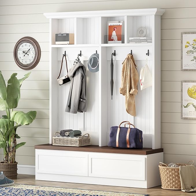 Merax Wood Hall Tree Entryway Bench with 6 Hooks, Farmhouse Mudroom Versatile Coat Racks with 2 Large Drawers Entrance Organizer for Hallway White