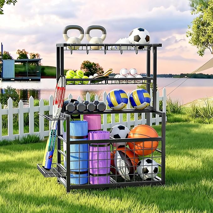 HOOBRO Sports Equipment Garage Organizer, Ball Storage Rack with Basket, Heavy Duty Ball Holder with Hooks, for Outdoor, Garage, Club, Basement, Black BK80JJ01