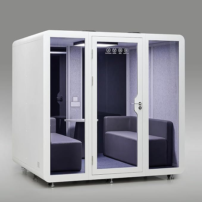 Office Pod, Sound Pod, Large Space SoundProof Office Pod for 8 People, Sound Booth Mobile Roller, LED Lighting, Centrifugal Fans and AC USB Ports X Large for 8 Persons White/Smoked Glass