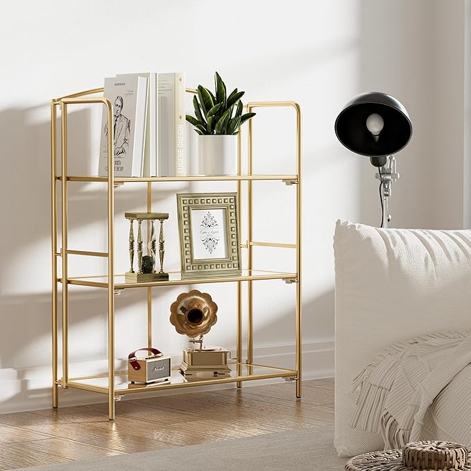 Crofy No Assembly Folding Bookshelf for Living Room, 3 Tier Gold Collapsible Book Shelf for Home Office, Portable Bookcase Storage Organizer