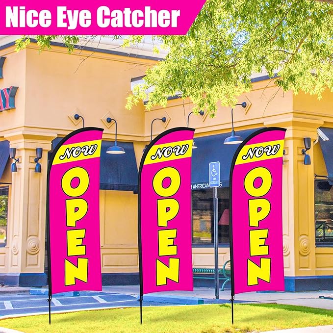 Buryeah 3 Sets Now Open Feather Flag Pole Kit for Business Advertising 7 ft Open Flag Banner Sign with Pole Kit Ground Stake and Portable Bag for Outside Ground(Rose Red)