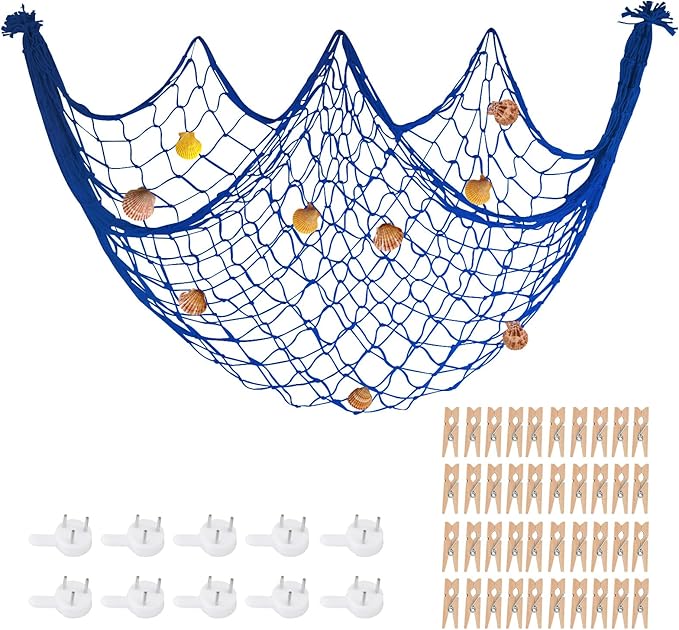 80x40 Inch Decorative Fishing Net w/Shells & Clips, 3mm Thickness Navy Blue Natural Cotton Large Photo Hanging Fishnet, Wall Party Decorations for Nautical Pirate Hawaii Mermaid Themed Party