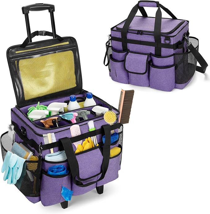 LoDrid Rolling Cleaning Caddy with Lid, Cleaning Supplies Organizer with Detachable Trolley, Cleaning Caddy Cart on Wheels with Handle and Shoulder Strap for Housekeepers, Purple, Bag Only