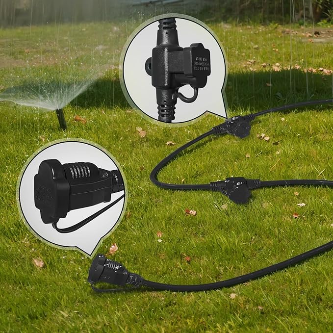 50FT Outdoor Extension Cord,10 Evenly Spaced Outlet Plugs,Black Multiple Outlets with Weatherproof Cover,16/3 SJTW Wire Power Cord.