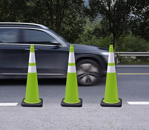 Fluorescent Orange/Green PVC Traffic Cones, Heavy Black Base Parking Lot Cone Structurally Stable Weatherproof Road Construction Safety Cones (8, Green, 36" Extra Large)