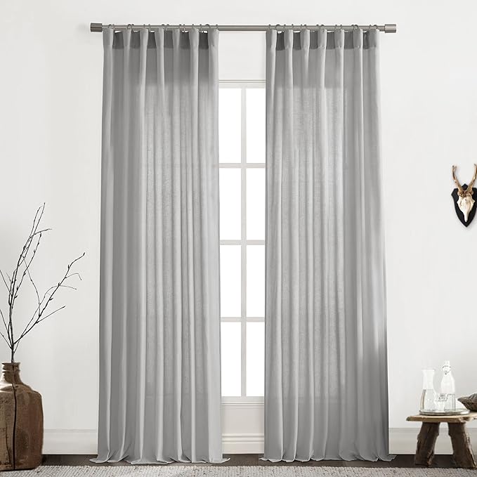 XTMYI Gray Curtains 96 Inches Long,Sheer Linen Back Tab Hooks Pleat Light Weight Modern Stylish Curtains for Living Room 96 Inch Length 2 Panel Set,Grey