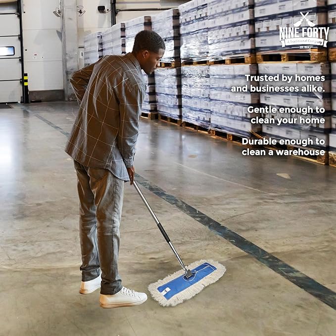 Nine Forty Heavy Duty, Industrial-Strength Cotton Wedge Dust Mop Head w/ Handle - Home & Commercial Hardwood Floor Cleaning - Designed for High-Performance Janitorial & Housekeeping Tasks