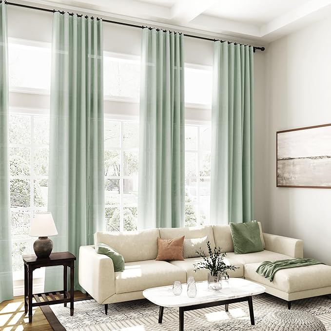 Nanspring Linen Curtains 108 Inches Long for Living Room Bedroom 2 Panels Set Aqua Green Extra Long Back Tab Curtain Light Filtering Sheer Drapes Floor to Ceiling Curtain for Large Windows 52x108