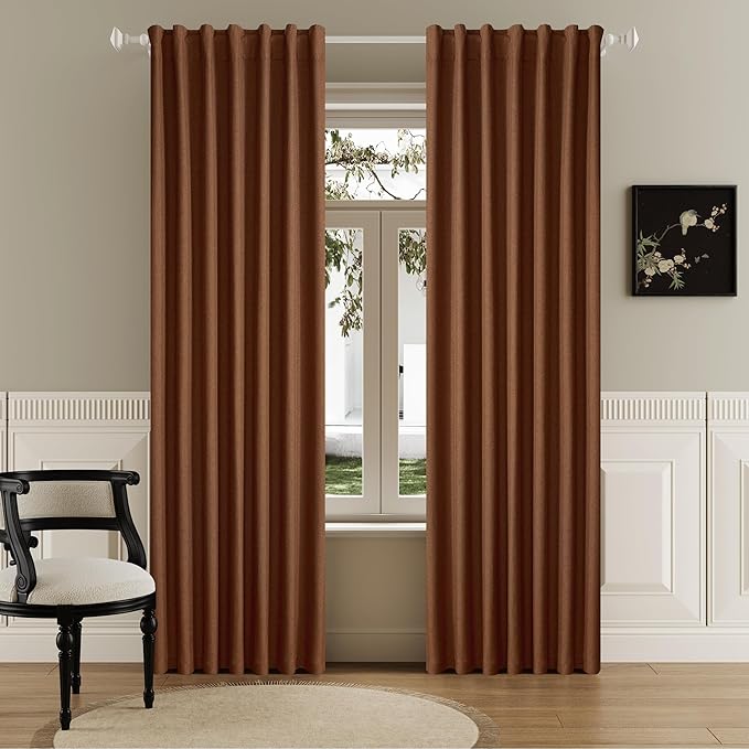 DUALIFE Blackout Rust Curtains Faux Linen 80 Inch Long, Farmhouse Back Tab Rod Pocket Curtains Room Darkening Thermal Insulated Drapes for Bedroom Living Room,W50 x L80,2 Panels Terracotta