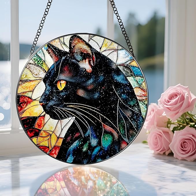 8″ Stained Glass Window Hanging Ornament, Black Cat Stained Glass Suncatcher Ornament, Sun-Catcher Window Decor | Gifts for Cat Lovers, Pet Lover Gift