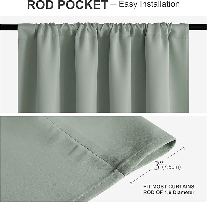 PONY DANCE Blackout Curtains for Bedroom 96 inches Long 2 Panels Set, Thermal Insulated Rod Pocket Black Out Window Drapes, Noise Reducing Window Treatment for Living Room(W52 x L96 inch, Sage Green)