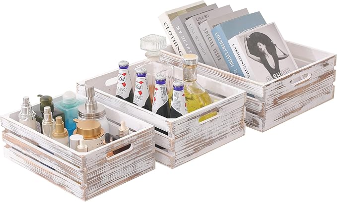 Large Size Wood Crates For Storage,Decorative Vintage White Wooden Crates For Display,Handmade Solid Wood Boxes,Set Of 3 Rustic White Wooden Crate. (vintage white)