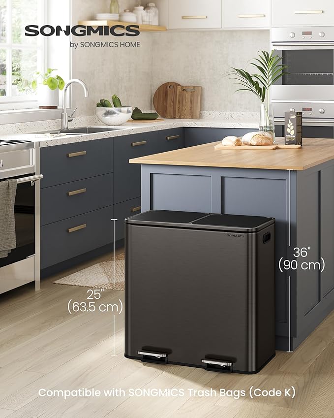 SONGMICS Trash Can, 2 x 10.6 Gallon (2 x 40 L) Garbage Can for Kitchen, with 15 Trash Bags, 2 Compartments, Plastic Inner Buckets and Hinged Lids, Airtight, Slate Gray ULTB730G01V1