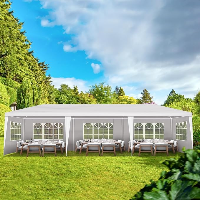 10x30 FT Party Tent, Outdoor Wedding Tents for Parties, Canopy Event Tent with 5 Removable Sidewalls, Waterproof Gazebo Shelter for Birthday Parties, Weddings, BBQs & Events (10X30FT-5Sides White)