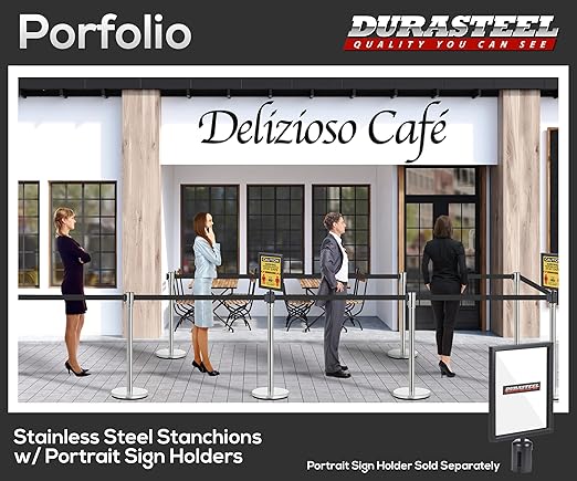 DuraSteel Crowd Control Barriers Line Dividers - Silver Stanchion Stainless Steel Posts with 6.5ft Black Retractable Belt Ropes - for Store Queues, Airport Lines, Event Entries - 2 Set/Pack